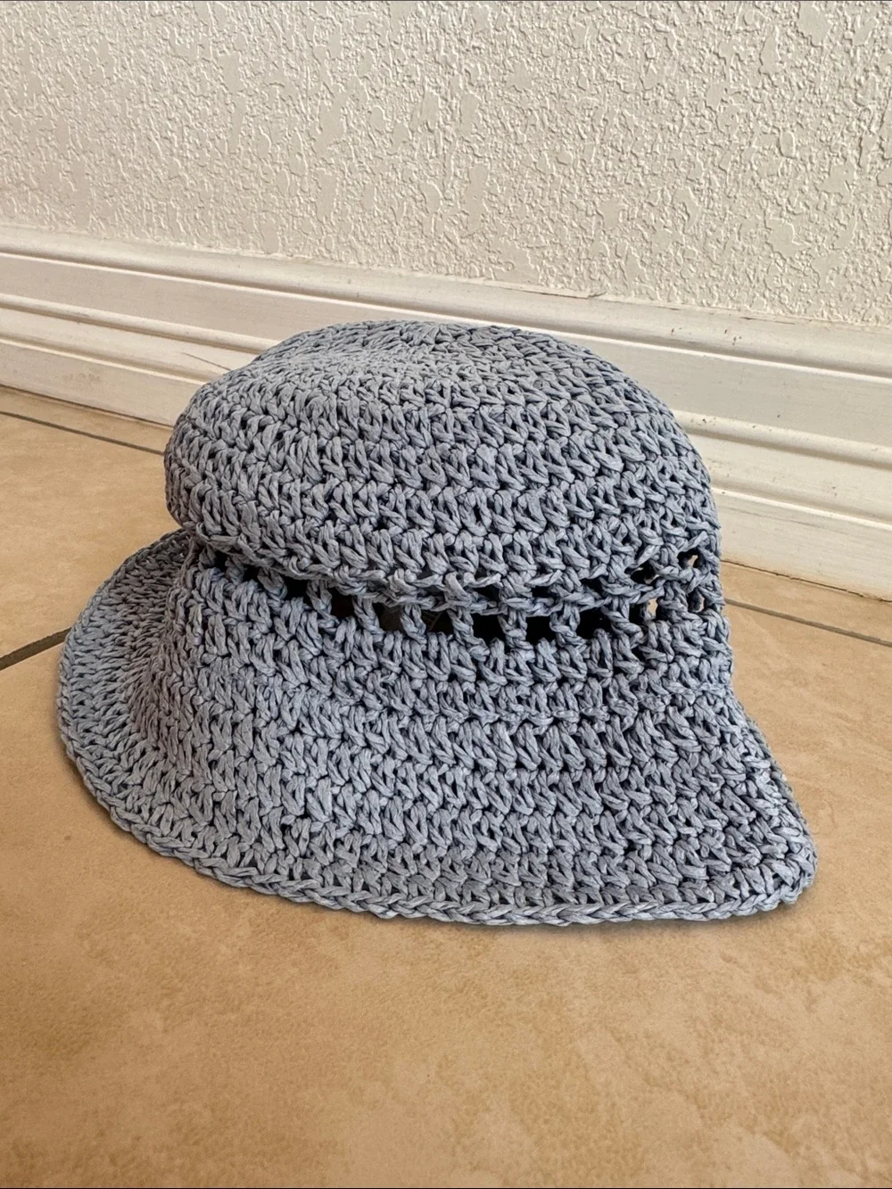 H&M Light Blue Straw-like Crochet Bucket Hat - Women's Summer Accessory